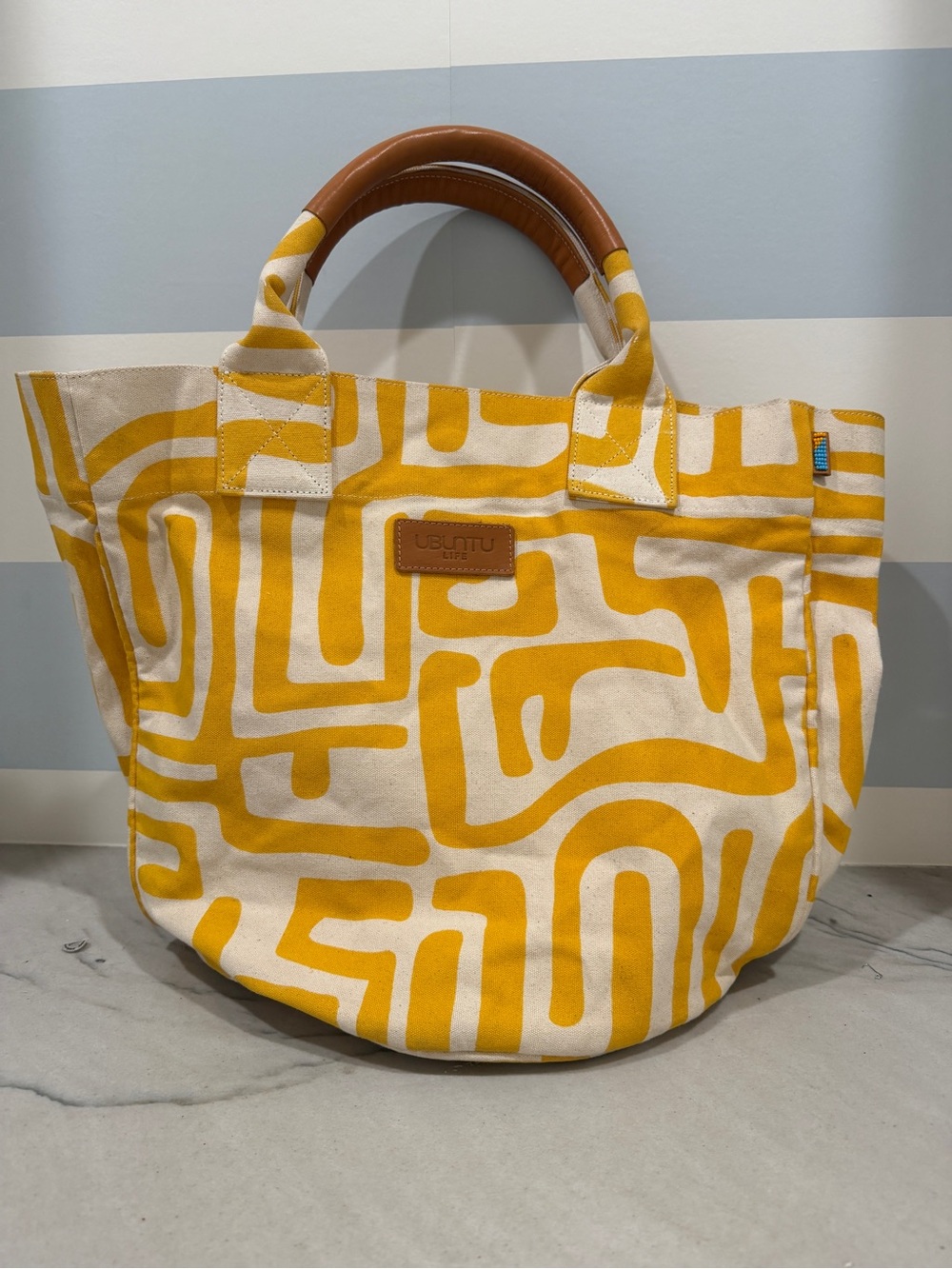 Ubuntu Life Weekender Tote Yellow Canvas Leather Handles NWT
